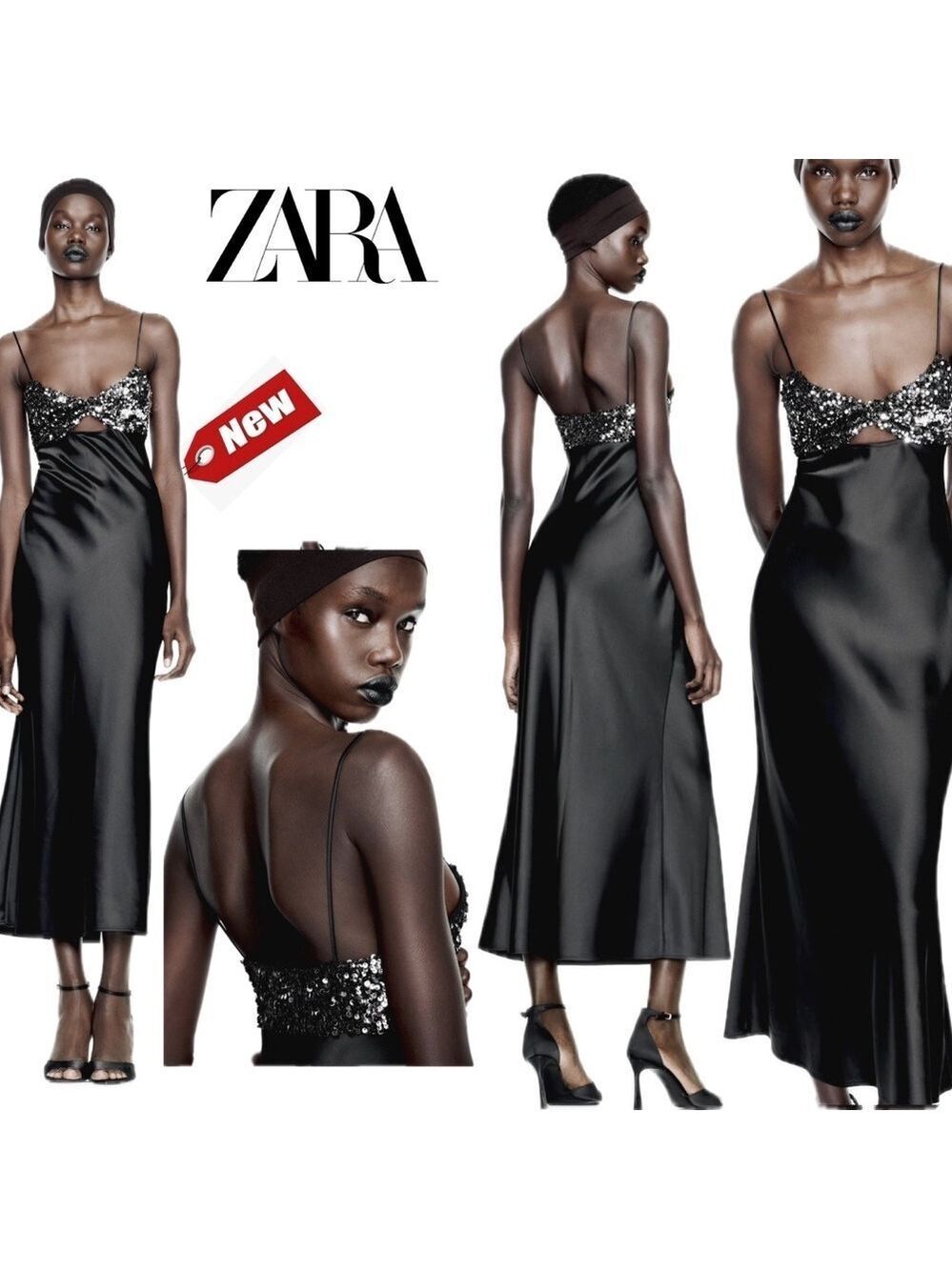 Zara black satin effect sequin V-neck midi slip dress spaghetti strap Sz S NWT